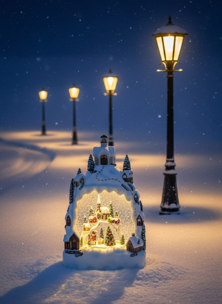 Decoratiune Muzicala - Casa de Anul Nou cu om de zapada, cu apa si scilipic miscator , 28x15 x10 cm