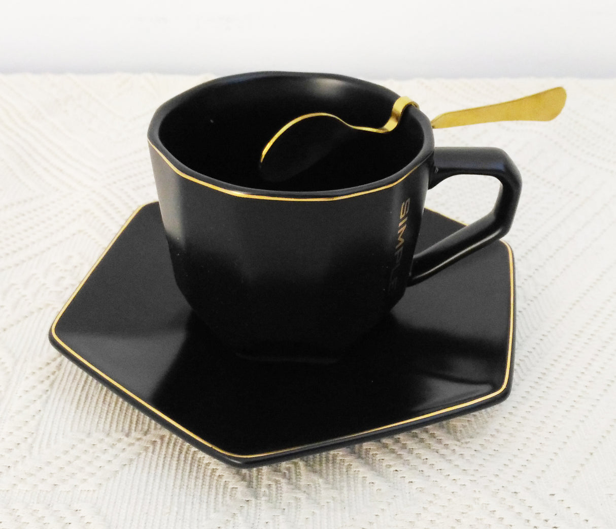 Set ceasca de cafea cu lingurita si farfurie, ceramica, 180ml, 7x8x12 cm