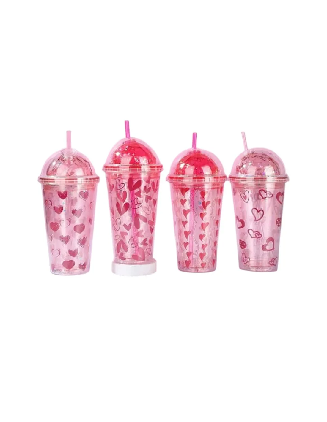 Pahar din plastic cu capac bombat si pai, color, 450 ml