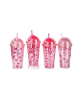 Pahar din plastic cu capac bombat si pai, color, 450 ml