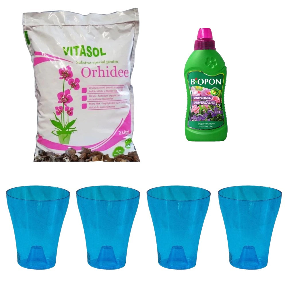 Set 4 ghivece Orhidee cu Substrat Vitasol pentru Plantare si Ingrasamant Lichid