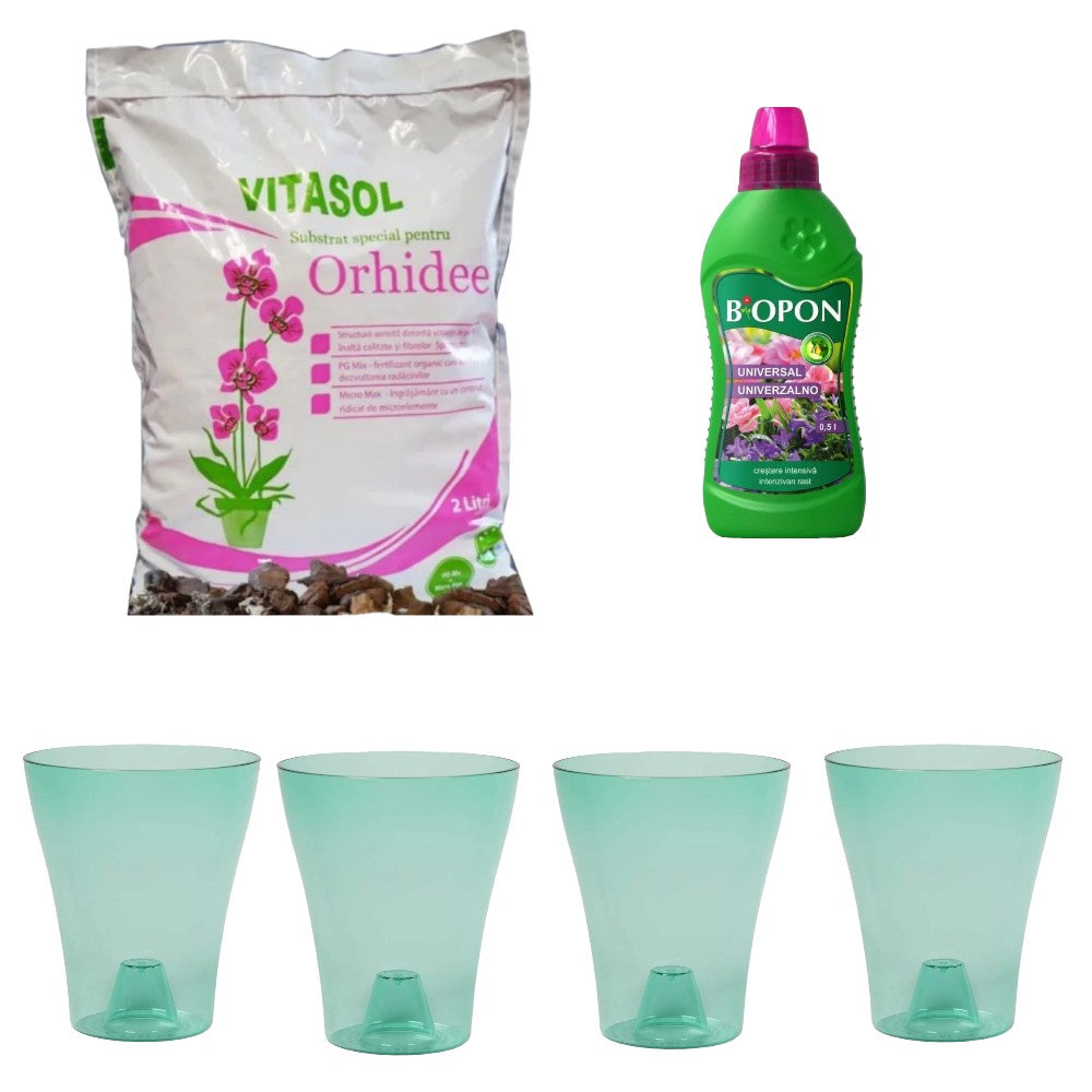 Set 4 ghivece Orhidee cu Substrat Vitasol pentru Plantare si Ingrasamant Lichid