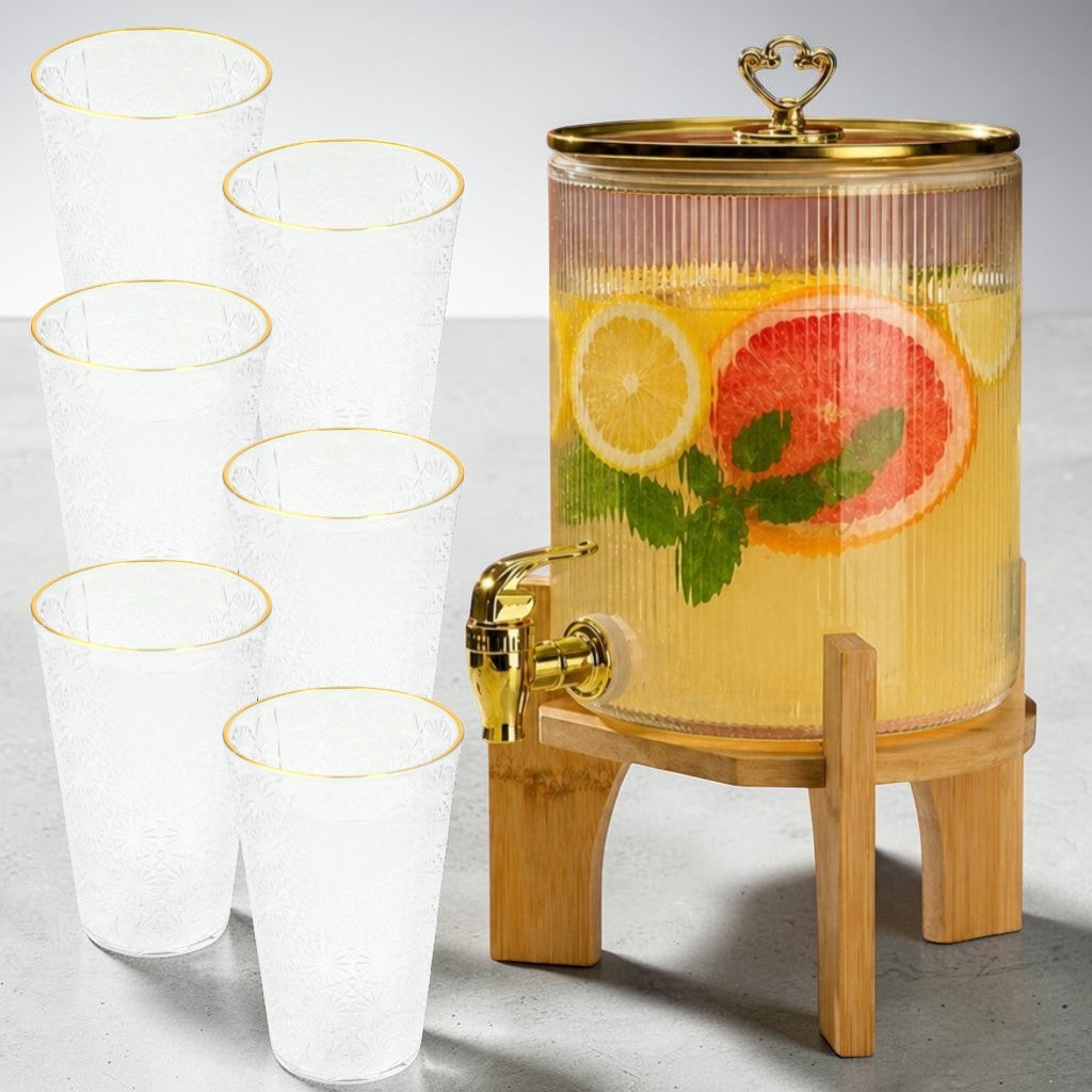 Borcan cu Robinet si Suport pentru Limonada , Sticla+Bambus + 6 pahare plastic 8x13 cm