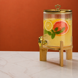 Borcan cu Robinet si Suport pentru Limonada , Sticla+Bambus + 6 pahare plastic 8x13 cm