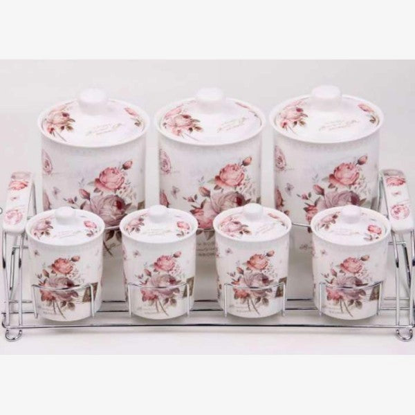 Set 7 Borcane Condimente Ceramica cu Capace Pe suport Metalic, Model Floral