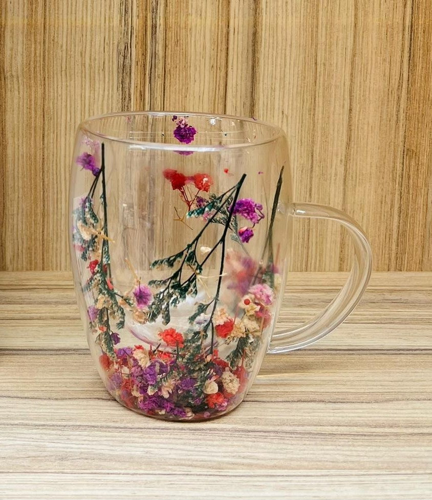 Cana cu Pereti Dubli din sticla termorezistenta , Flori Multicolore , 350 ml