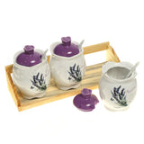 Set 3 recipiente Ceramice condimente 12x9 cm, cu suport, Model Lavanda