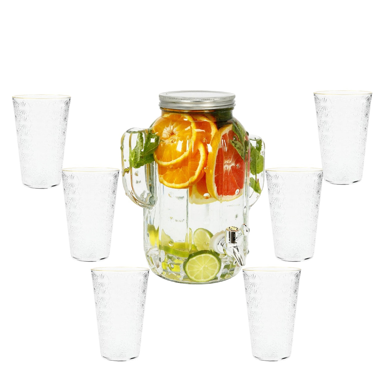 Borcan Dozator Bauturi cu Robinet, Forma Cactus,Dispenser Limonda si Sucuri, Sticla Transparenta, 4L+ 6 pahare Transparente 400 ml