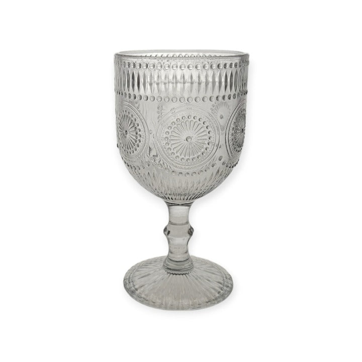 Set 6 pahare din sticla transparenta, cu model, cu picior, 300 ml