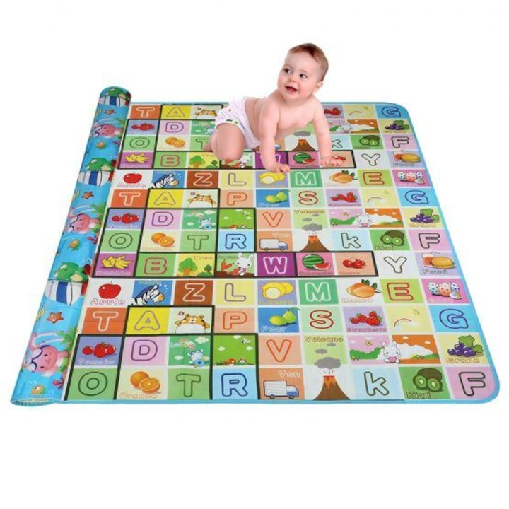 Covor educativ cu doua fete pentru copii, 150x180x0.8 cm – litere, fructe si animale