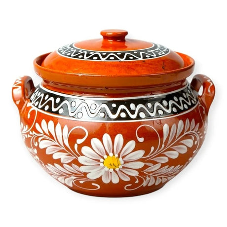 Oala de lut traditionala, maro, cu capac, Pictata Manual, pentru gatit la cuptor