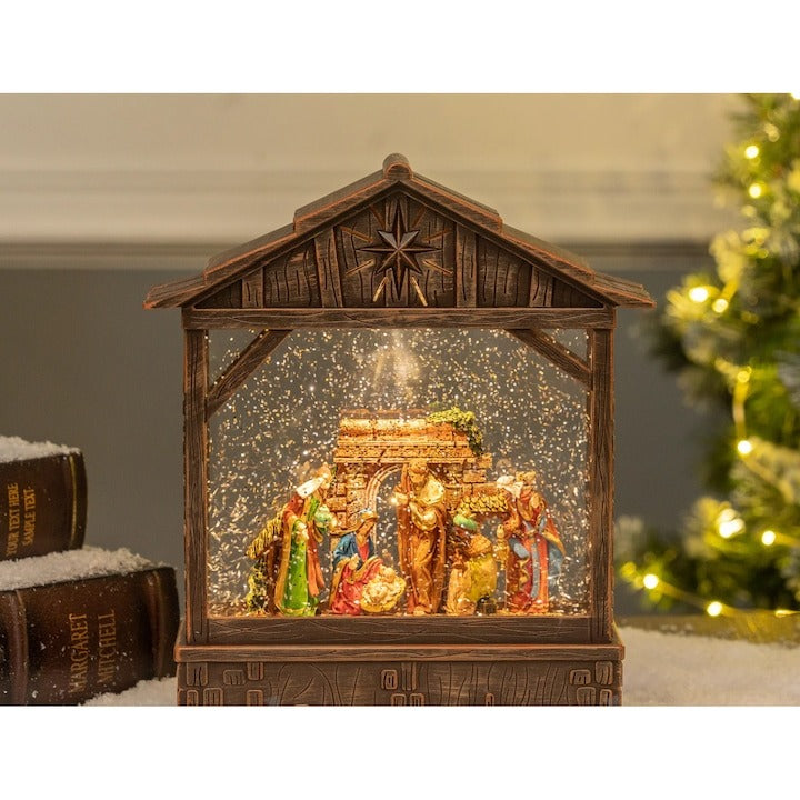 Decoratiune Muzicala - Iesle Nasterea, cu apa si sclipici miscator, 25 cm