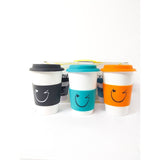 Set 3 Pahare ceramica cu capac din silicon, Smiley Face, manson din silicon, 400 ml