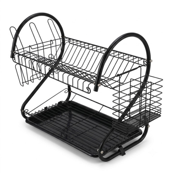 Suport de vase cu doua niveluri si suport pentru picurare,Negru, 59.5×26.5×44.5 cm