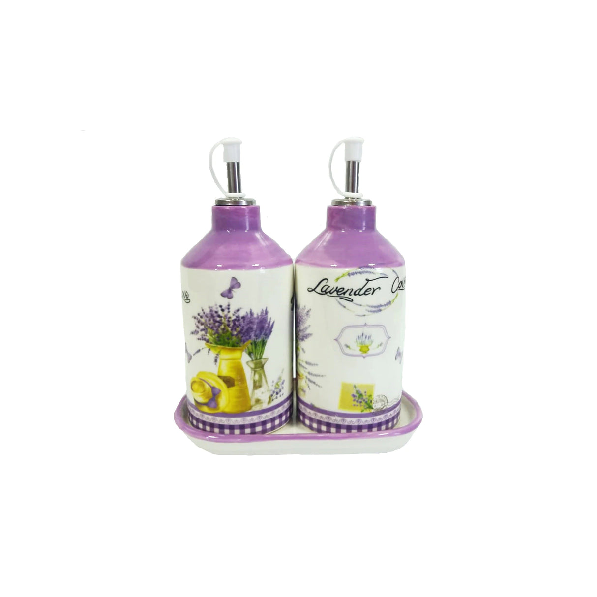 Set Oliviera cu 2 sticle ulei/otet Ceramica, model Lavanda cu picurator,16x5.5 cm