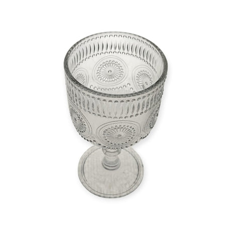 Set 6 pahare din sticla transparenta, cu model, cu picior, 300 ml