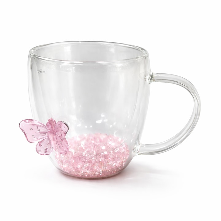 Cana cu pereti dubli, model fluture, sticla, transparent, roz, 350 ml
