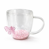 Cana cu pereti dubli, model fluture, sticla, transparent, roz, 350 ml