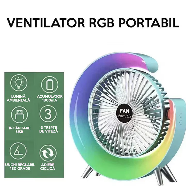 Ventilator de Birou Portabil cu USB, Lumini LED, 3 Trepte de Viteza