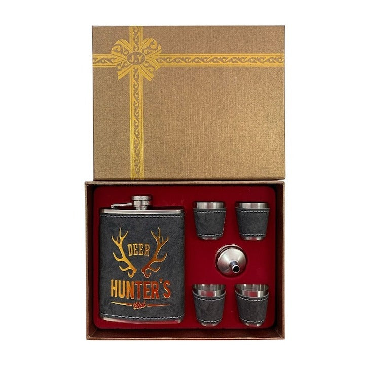 Set Cadou Plosca 250 ml, 4 Pahare 50 ml, Otel inxoidabil, Argintiu/Negru