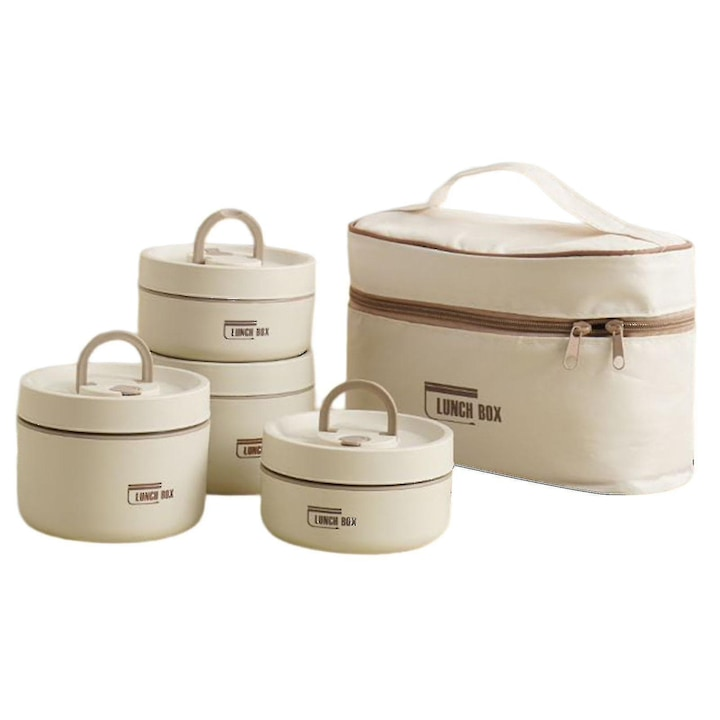 Set 4 caserole termice cu geantă termoizolanta -  interior metalic, capace etanse, lunch box