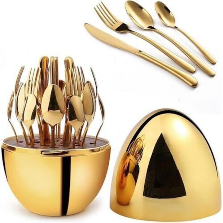 Set 24 de Tacamuri in Suport Ou, Metal, 30x20 cm, Auriu