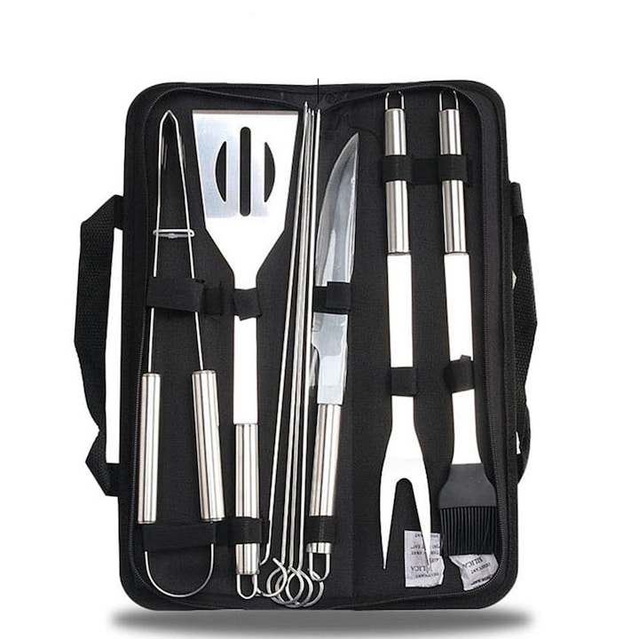 Set de ustensile pentru gratar 10 piese, inox, husa de protectie