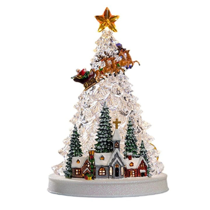 Decoratiune Muzicala - Brad cu sat de iarna, led, 33x20 cm