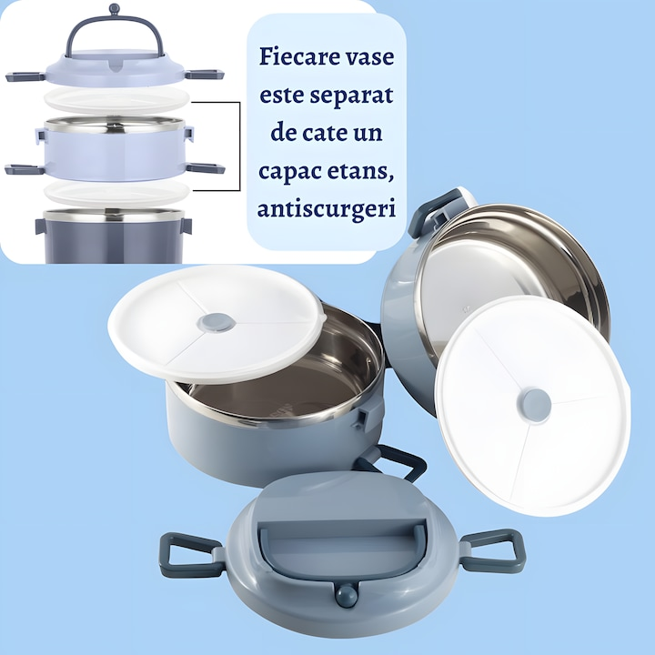 Caserolă Termica pentru Alimente,2 compartimente cu Maner si Capac Etans,1.4 litri,15x15 cm