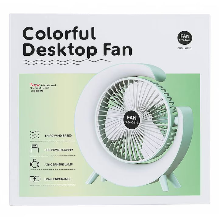 Ventilator de Birou Portabil cu USB, Lumini LED, 3 Trepte de Viteza
