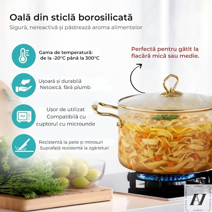 Cratita/Oala din Sticla Termorezistenta, cu Capac si Maner Auriu, 4.5 Litri