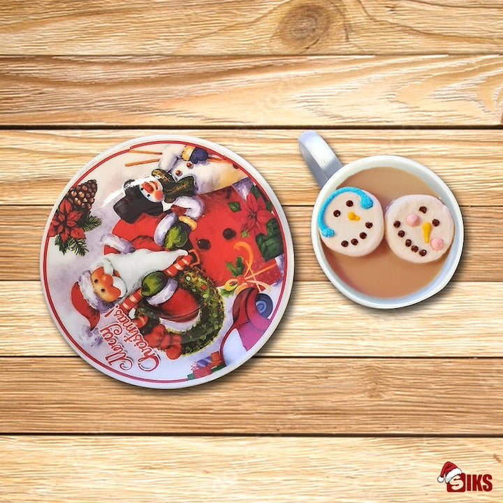 Set 6 Cesti Espresso si 6 Farfurioare, Model Craciun , Ceramica, Cutie Cadou,100 ml