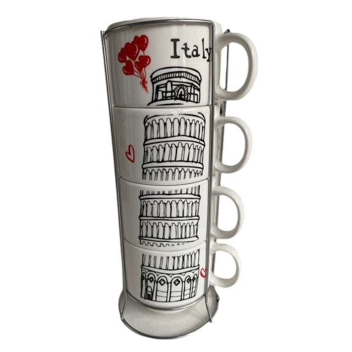 Set 4 cesti Cafea, Ceramica, cu suport din Inox