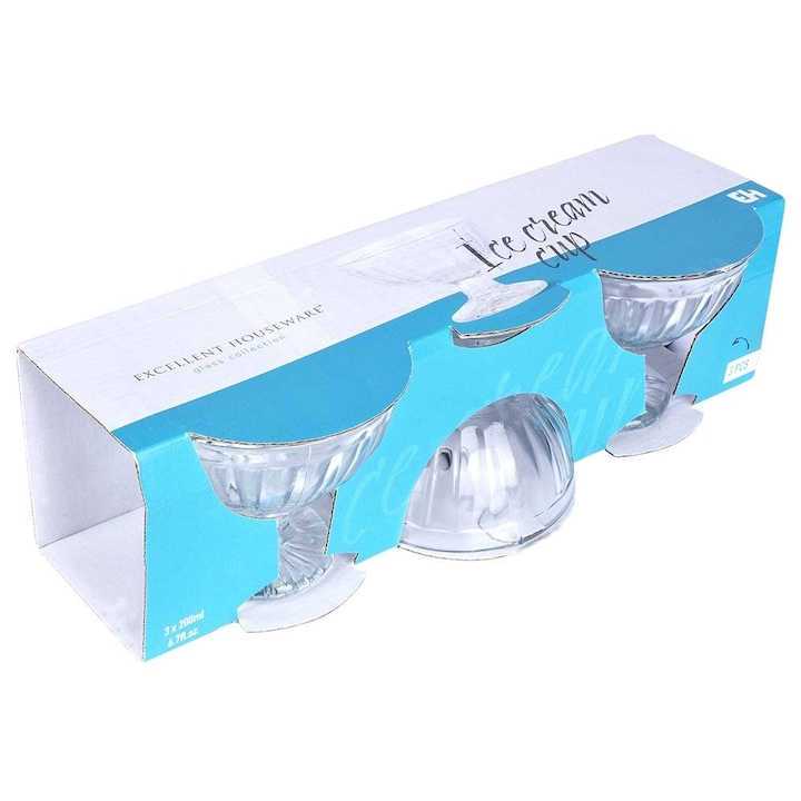 Set 3 Cupe Pentru Inghetata, 180 ml, 10x8.5 cm, Sticla