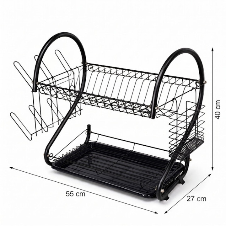 Suport de vase cu doua niveluri si suport pentru picurare,Negru, 59.5×26.5×44.5 cm