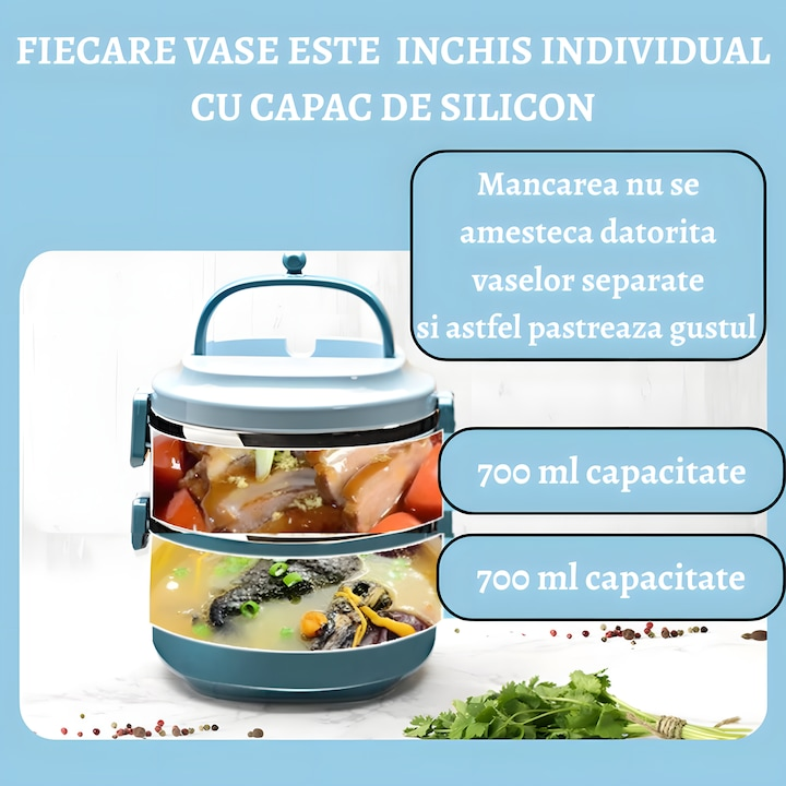 Caserolă Termica pentru Alimente,2 compartimente cu Maner si Capac Etans,1.4 litri,15x15 cm