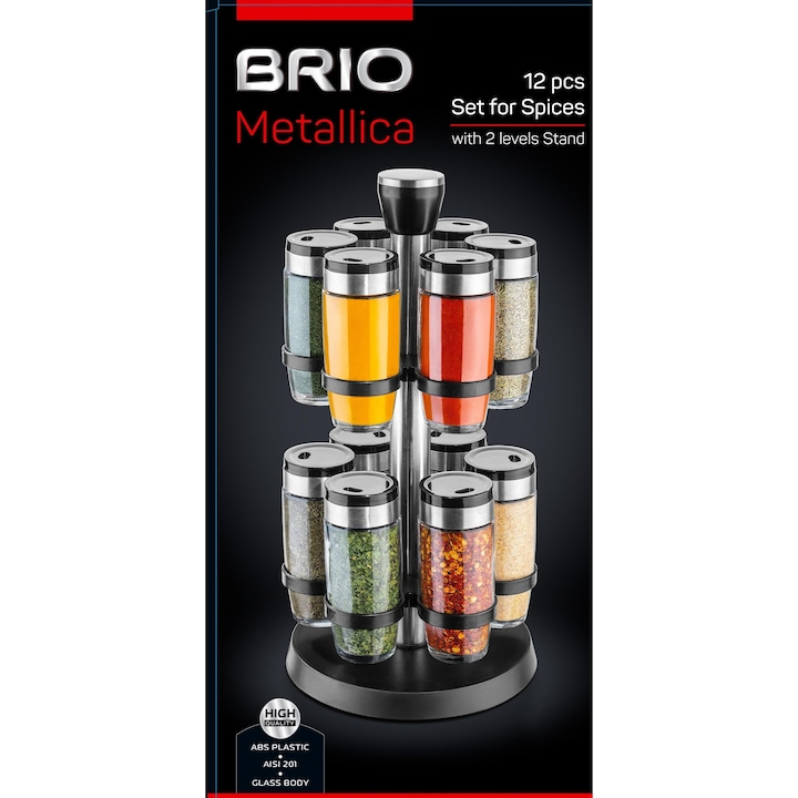 Set de condimente BRIO Metallica, Pe suport rotativ, 12 borcane