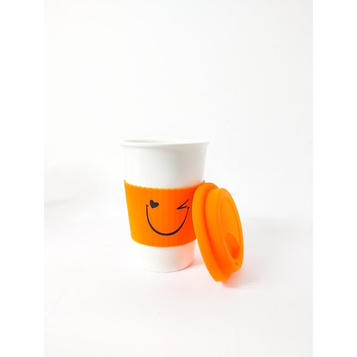 Set 3 Pahare ceramica cu capac din silicon, Smiley Face, manson din silicon, 400 ml