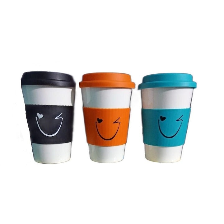 Set 3 Pahare ceramica cu capac din silicon, Smiley Face, manson din silicon, 400 ml