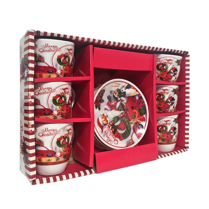 Set 6 Cesti Espresso si 6 Farfurioare, Model Craciun , Ceramica, Cutie Cadou,100 ml