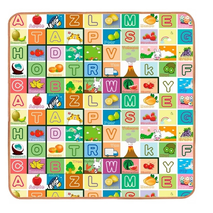 Covor educativ cu doua fete pentru copii, 150x180x0.8 cm – litere, fructe si animale