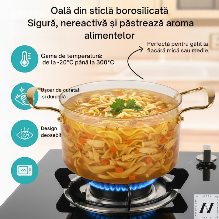 Cratita/Oala din Sticla Termorezistenta, cu Capac si Maner Auriu, 4.5 Litri