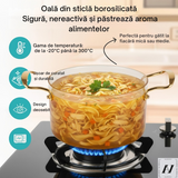 Cratita/Oala din Sticla Termorezistenta, cu Capac si Maner Auriu, 4.5 Litri