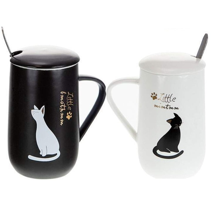 Set 2 Cani pentru ceai sau cafea cu lingurita si capac, Pisici , 300 ml, Ceramica