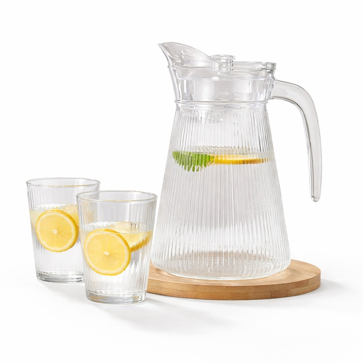 Carafa pentru limonada, 2 pahare incluse, sticla, transparent, 1300 ml/260 ml
