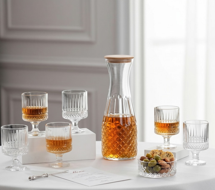 Set Carafa 1.2 L ,capac bambus si 6 Pahare cu Picior pentru Limonada, Tarie sau Suc 200ml, Transparent