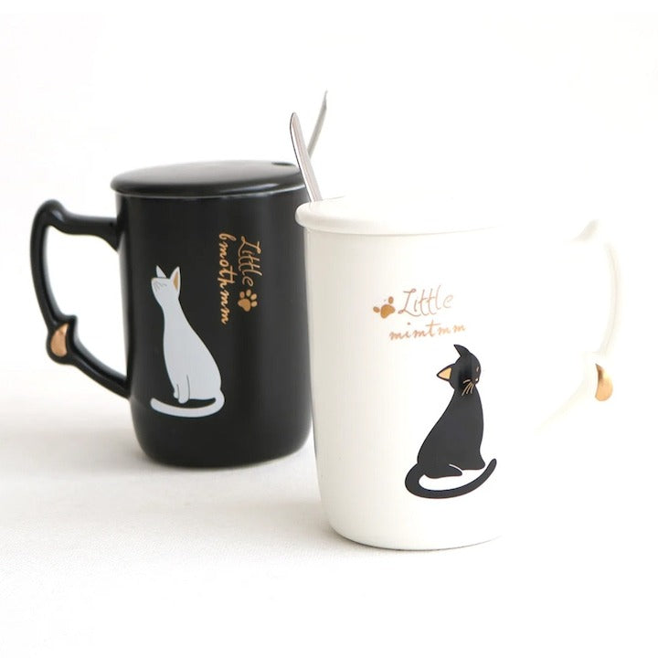 Set 2 Cani pentru ceai sau cafea cu lingurita si capac, Pisici , 300 ml, Ceramica