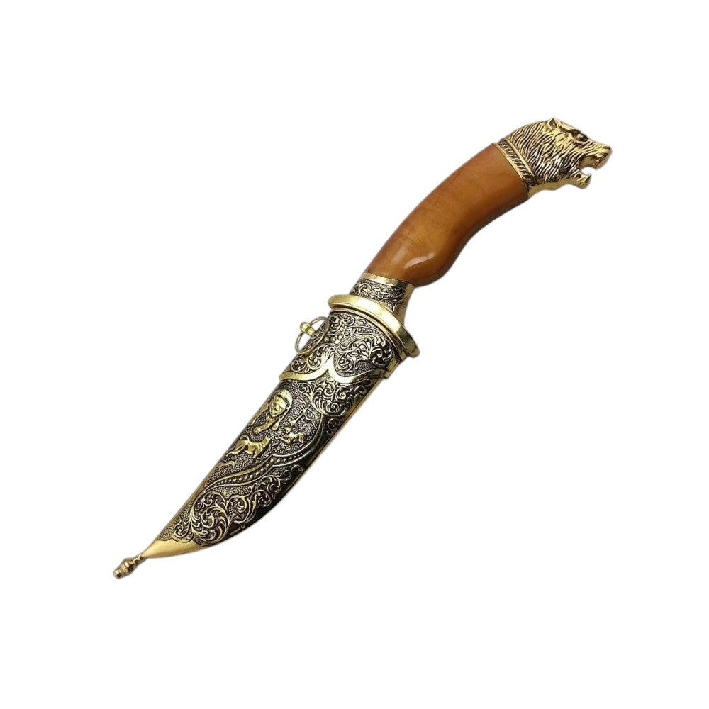 Pumnal Metalic Gravat  , cu Teaca si Cutie ,Auriu, 201 g, 27cm