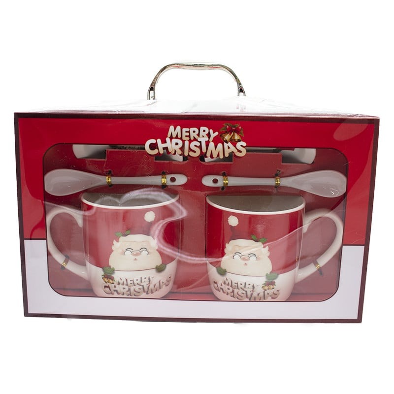 Set 2 cani ceramica Mos Craciun, lingurite de ceramica si farfuriute, in cutie cadou , 300 ml