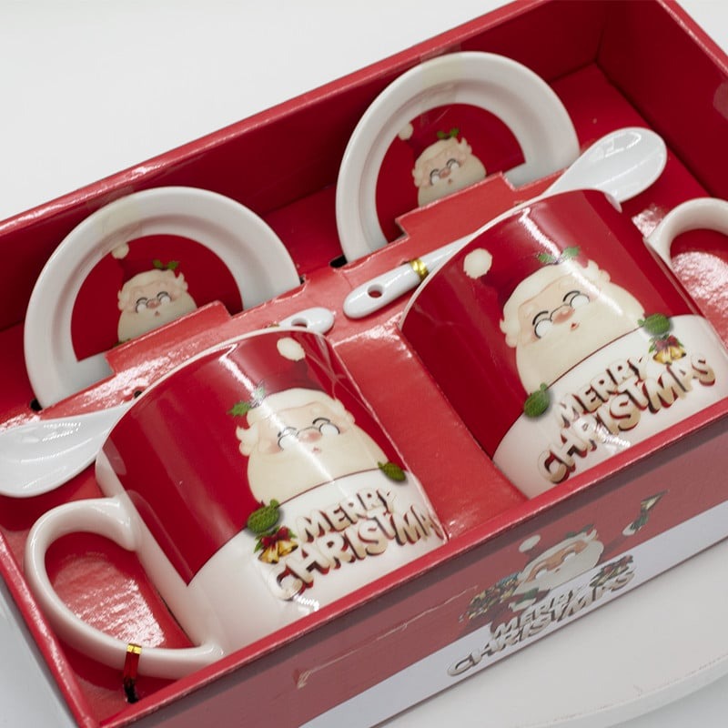 Set 2 cani ceramica Mos Craciun, lingurite de ceramica si farfuriute, in cutie cadou , 300 ml